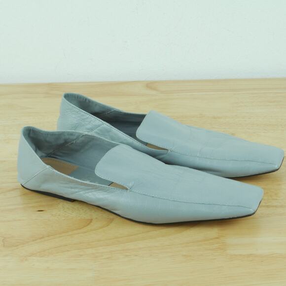 Zara Size 7.5 Square Toe Leather Loafers Flats Minimal Slip On Pastel Blue Shoes - Picture 1 of 10